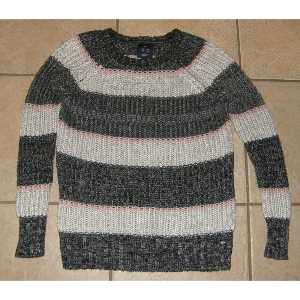 AMERICAN EAGLE Multicolored Stripes Sz XS Pullover Crew Neck Logo Roomy Sweater